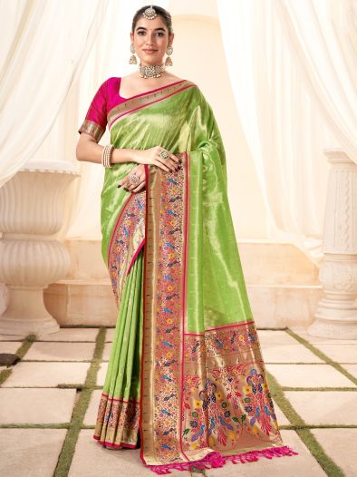Ravishing Green Handloom Weaving Silk Saree With Blouse