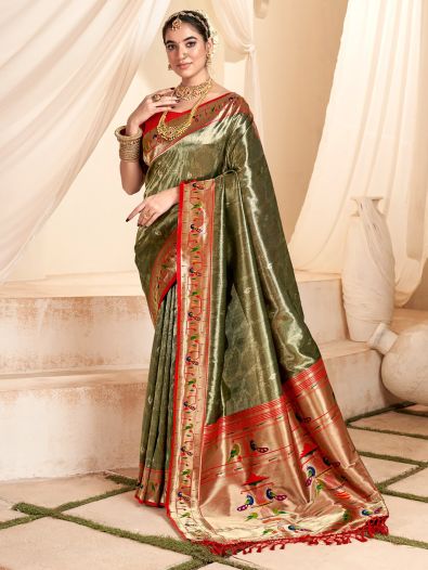 Ravishing Olive Green Zari Weaving Silk Events Wear Saree With Blouse