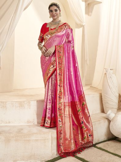Fabulous Pink Zari Weaving Silk Engagement Wear Saree With Blouse