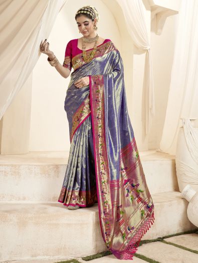 Awesome Purple Zari Weaving Silk Sangeet Wear Saree With Blouse