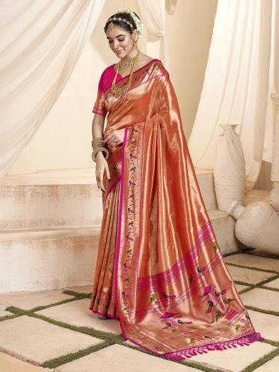 Unique Orange Zari Weaving Function Wear Silk Saree With Blouse
