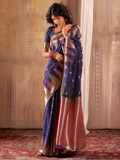Beautiful Navy Blue Weaving Silk Traditional Saree With Blouse