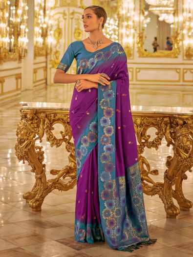 Wonderful Purple Zari Weaving Banarasi Silk Reception Wear Saree