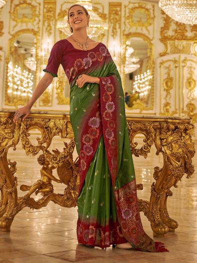 Astonishing Green Zari Weaving Banarasi Silk Festival Wear Saree