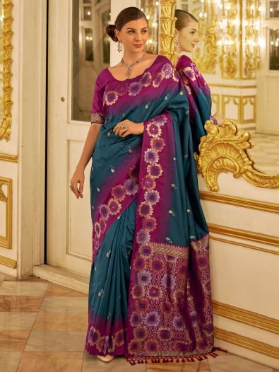 Phenomenal Teal Blue Zari Weaving Banarasi Silk Wedding Wear Saree