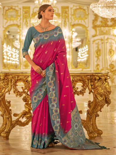 Outstanding Pink Zari Weaving Banarasi Silk Engagement Wear Saree