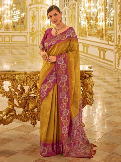 Remarkable Yellow Zari Weaving Banarasi Silk Function Wear Saree