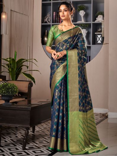 Stunning Navy Blue Weaving Silk Sangeet Wear Saree With Blouse
