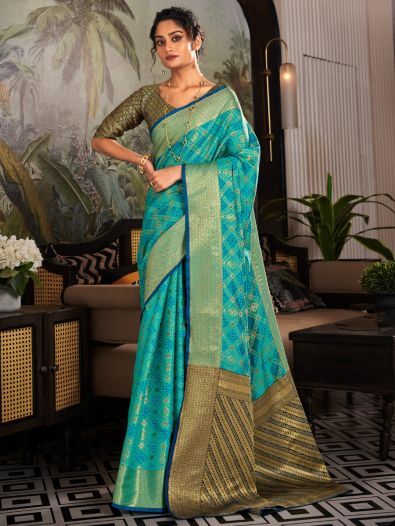 Superb Firozi Weaving Silk Festive Wear Saree With Blouse