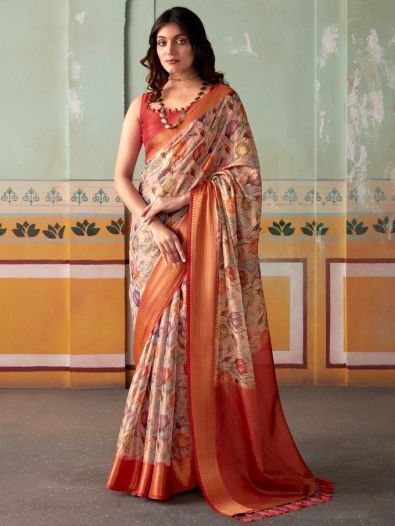 Fancified Peach Floral Printed Silk Festive Wear Saree With Blouse