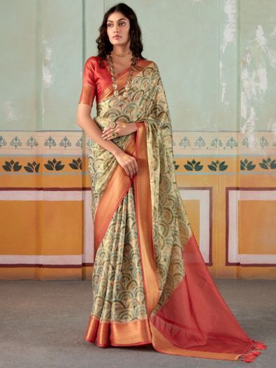 Fabulous Green Floral Printed Silk Wedding Wear Saree With Blouse