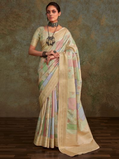 Pretty Multi-Color Digital Printed Silk Festive Wear Saree With Blouse
