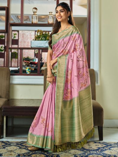 Alluring Light Pink Floral Printed Silk Events Wear Saree With Blouse