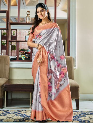 Marvelous Grey Floral Printed Silk Reception Wear Saree With Blouse