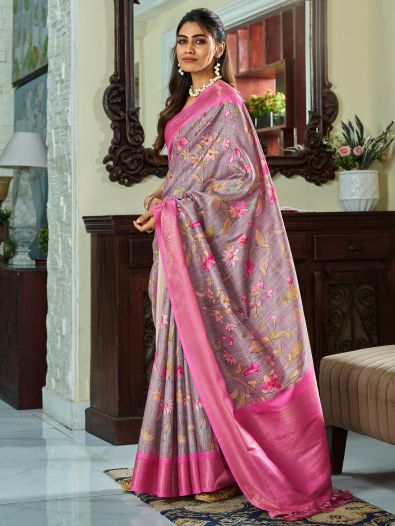 Attractive Dusty Purple Floral Printed Silk Sangeet Wear Saree