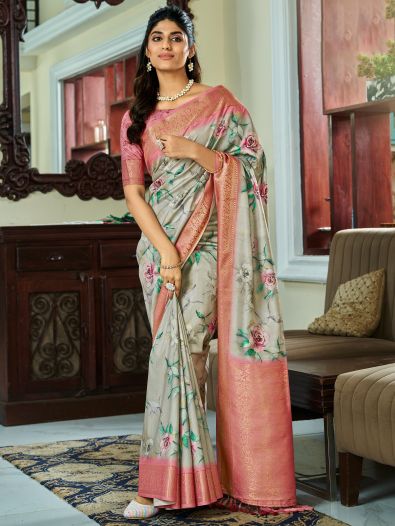 Charming Grey Floral Printed Silk Function Wear Saree With Blouse