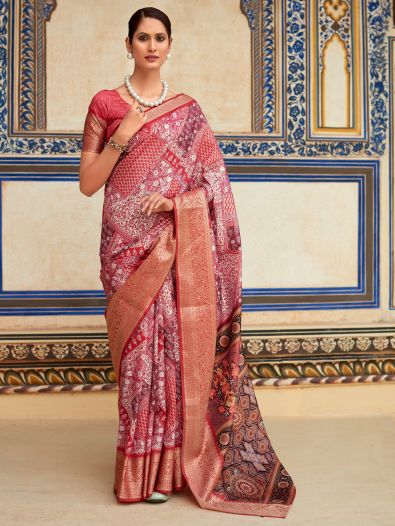 Captivating Coral-Red Digital Printed Silk Saree With Blouse