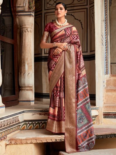 Unique Wine Digital Printed Silk Function Wear Saree With Blouse