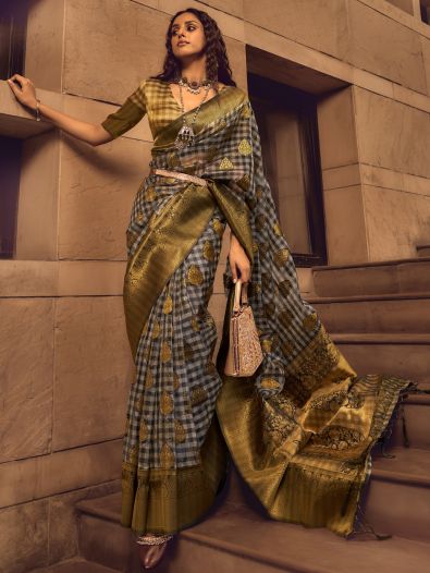Superb Golden Handloom Weaving Organza Saree With Blouse