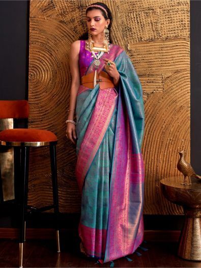 Stunning Sky-Blue Weaving Silk Sangeet Wear Saree With Blouse