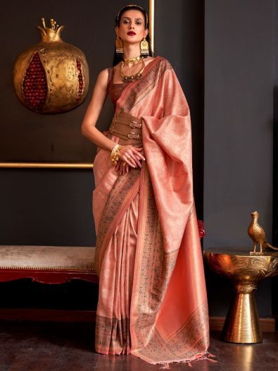 Gorgeous Peach Weaving Silk Wedding Wear Saree With Blouse
