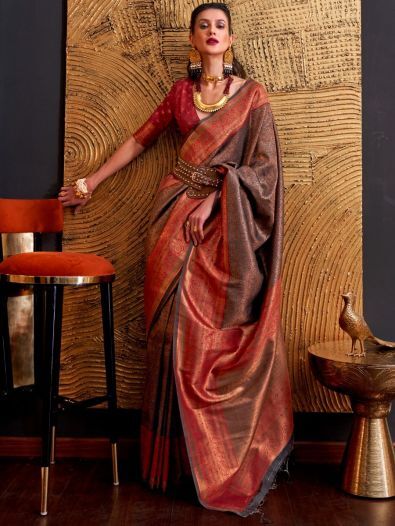 Fancified Brown Weaving Silk Function Wear Saree With Blouse