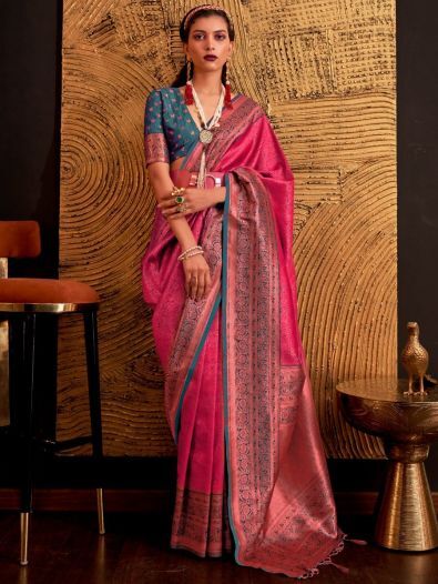 Appealing Pink Weaving Silk Engagement Wear Saree With Blouse