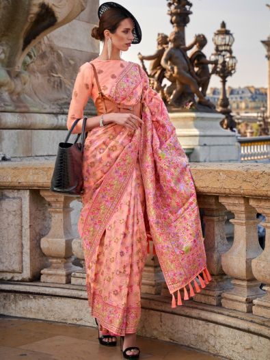 Attractive Peach Floral Woven Organza Festive Wear Saree With Blouse