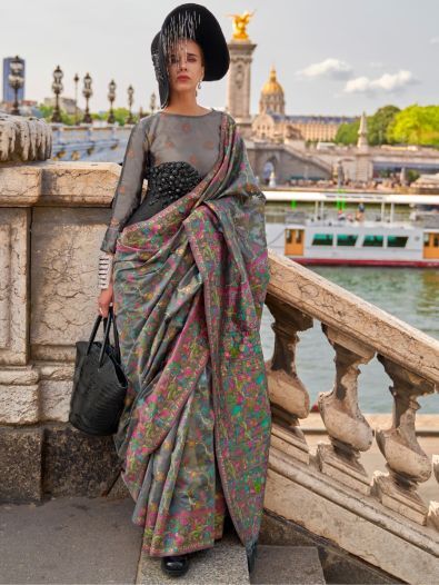 Ravishing Grey Floral Woven Organza Function Wear Saree With Blouse