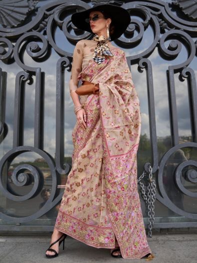Incredible Cream & Pink Floral Woven Organza Saree With Blouse