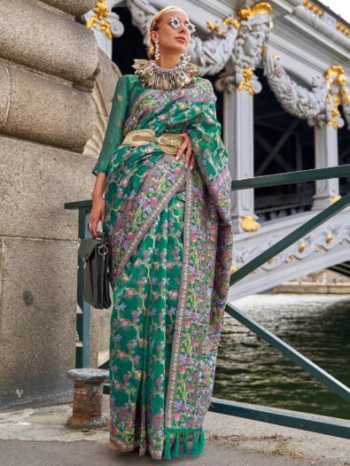 Astonishing Green Floral Woven Organza Events Wear Saree With Blouse
