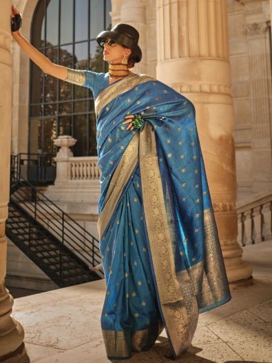 Captivating Blue Zari Weaving Silk Festive Wear Saree With Blouse