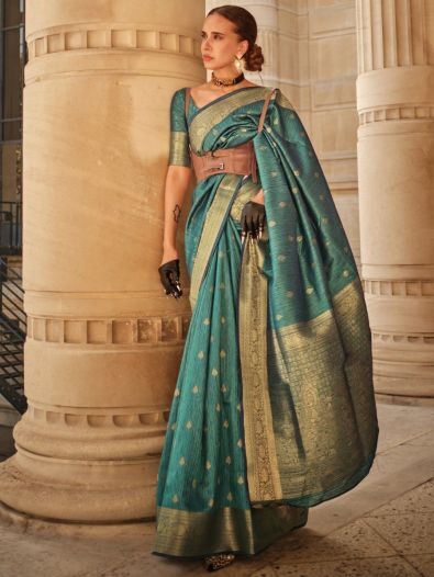 Lovable Teal Green Zari Weaving Silk Traditional Saree With Blouse