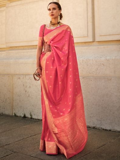 Pretty Coral Red Zari Weaving Silk Engagement Saree With Blouse