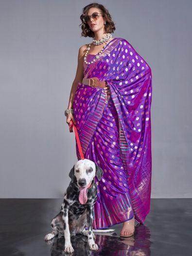 Stunning Purple Zari Weaving Silk Party Wear Saree With Blouse