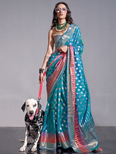 Magnetic Sky-Blue Zari Weaving Silk Festive Wear Saree With Blouse