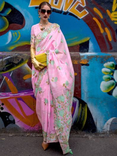 Pretty Pink Floral Printed Silk Occasions Wear Saree With Blouse