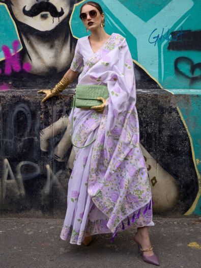 Captivating Lavender Floral Printed Silk Sangeet Wear Saree