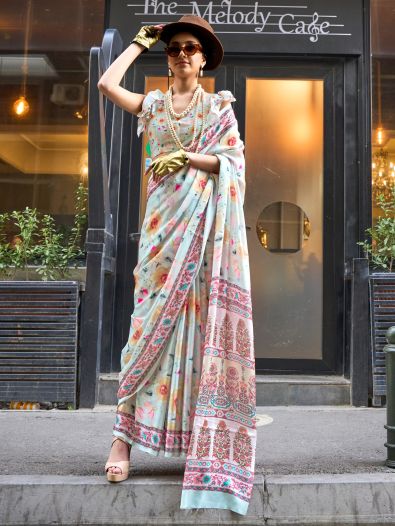 Pretty Light Grey Digital Printed Satin Casual Wear Saree With Blouse