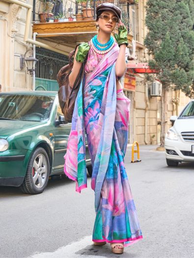 Appealing Multi-Color Digital Printed Satin Traditional Saree With Blouse
