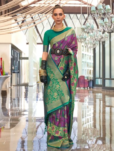 Delightful Pink & Green Handloom Weaving Silk Saree With Blouse