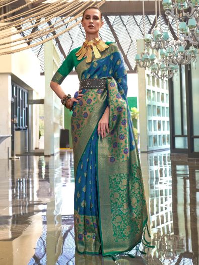 Attractive Blue & Green Handloom Weaving Silk Saree With Blouse