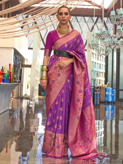 Adorable Rani Pink & Purple Handloom Weaving Silk Saree With Blouse