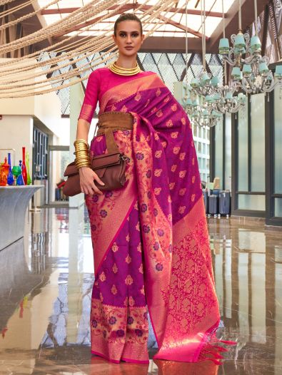 Enchanting Dark Pink & Purple Handloom Weaving Silk Saree With Blouse