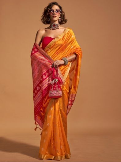 Dazzling Orange Zari Weaving Silk Wedding Wear Saree With Blouse