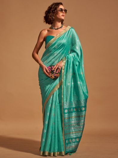 Beautiful Turquoise Zari Weaving Silk Events Wear Saree