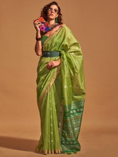 Lovely Green Zari Weaving Silk Mehendi Wear Saree With Blouse