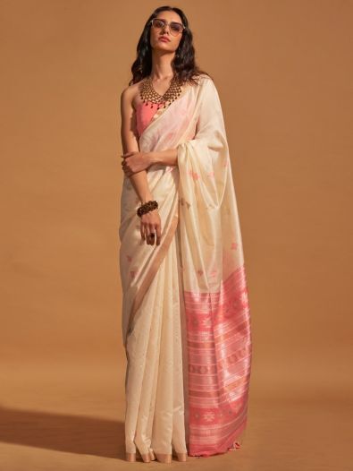Attractive Cream Zari Weaving Silk Traditional Saree With Blouse