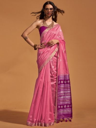 Desirable Pink Zari Weaving Silk Function Wear Saree With Blouse