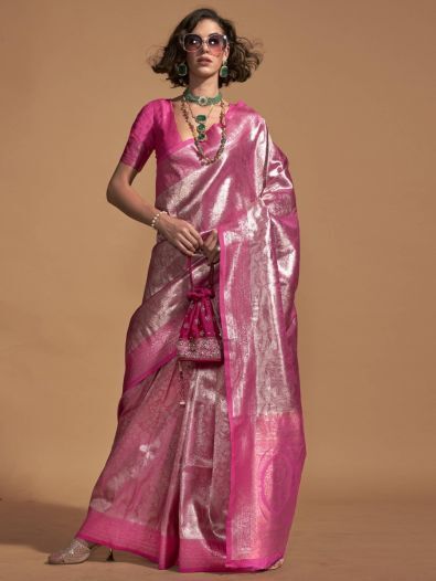 Astonishing Pink Zari Weaving Silk Wedding Wear Saree With Blouse